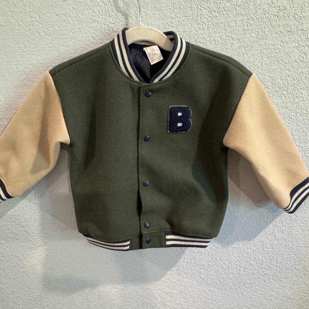 H&M Olive Green and Cream Kids Letterman Jacket